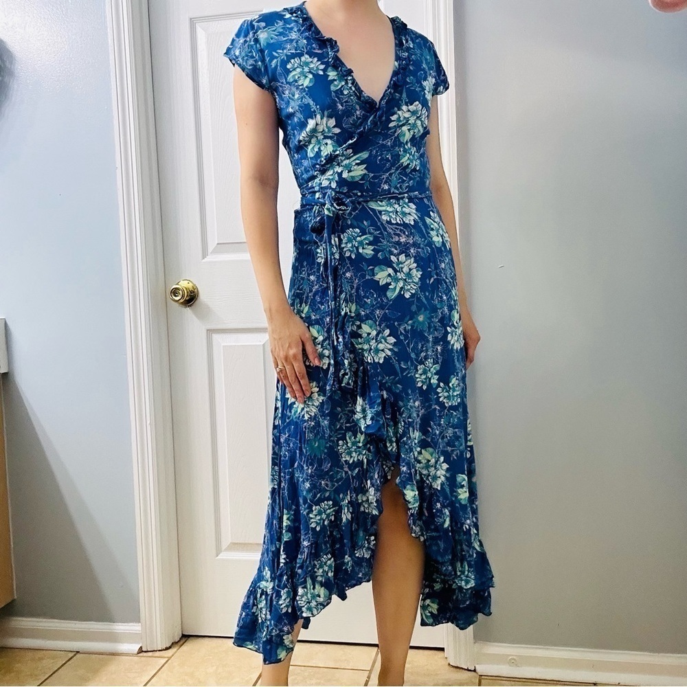 Walker & Wade Dress High Low Midi Floral Blue Wrap Vacation Summer Extra Small